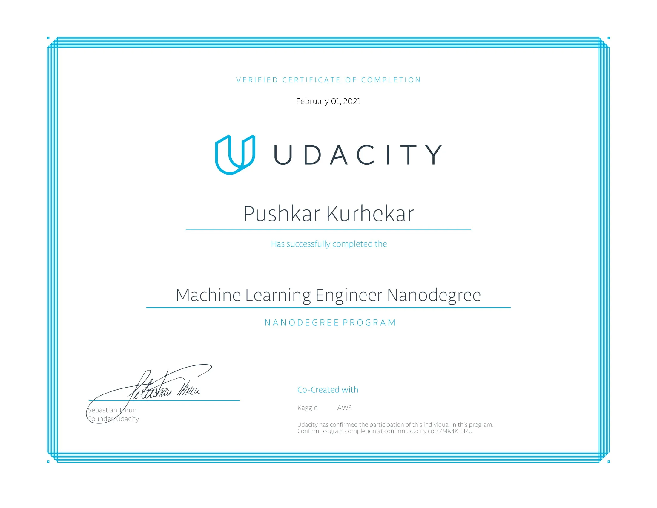 Udacity Machine Learning Engineer Nanodegree Certificate